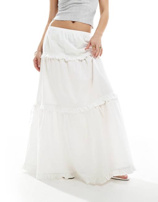 ◇ROUGHNECK◇ Long Cancan Skirt White Wyjątkowe frędzle z dzianiny z wyciętymi wycięciami bluzka z