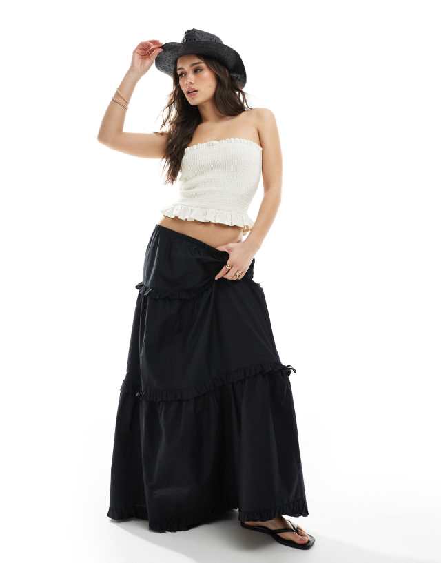 Monki tiered maxi skirt with ruffle details in black | ASOS