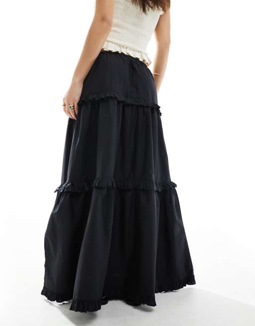 ◆Loulouseoul◆ Unbar Frill Maxi Skirt Black Black Ruffle Detail Maxi Skirt | Co-ords | PrettyLittleThing USA