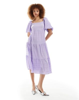 Monki tiered midi dress with open back in lilac