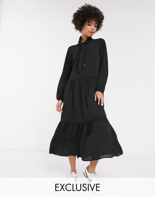 Monki tiered midi dress with pussy bow neck in black | ASOS