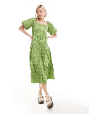 Monki tiered midi sun dress with open back in green pane check