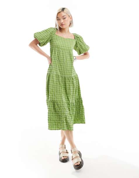 Monki tiered midi sun dress with open back in green pane check - view 1