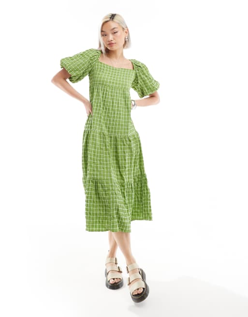 Monki tiered midi sun dress with open back in green pane check ASOS