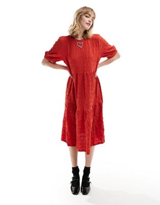 Monki tiered textured midi smock dress in red  - ASOS Price Checker