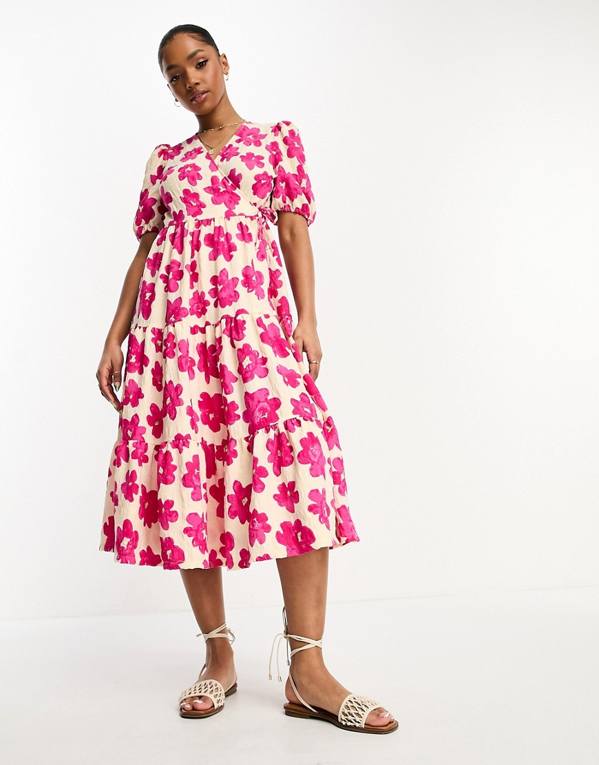 Monki tiered wrap midi dress in pink floral print