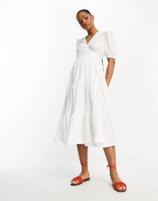 Monki tiered wrap midi dress in white