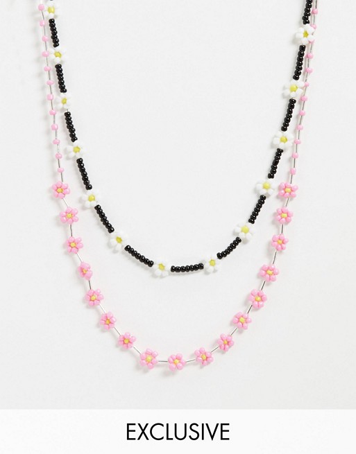 Monki Tilly beaded flower necklace in pink