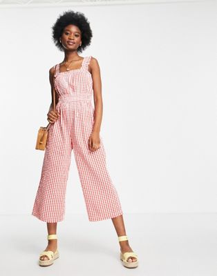 Monki Timmy jumpsuit with frill straps in red gingham print - ASOS Price Checker
