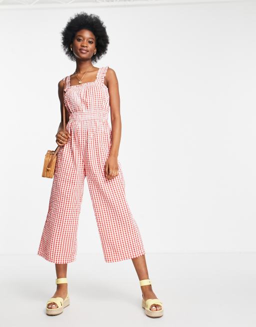 Monki - Timmy - Jumpsuit med flæsestropper i rødt ginghamprint