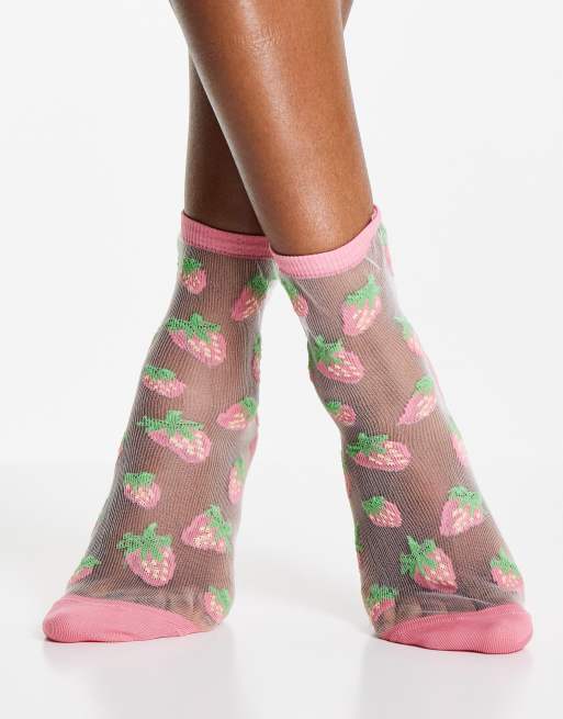 Monki Tinna strawberry print mesh sock in pink