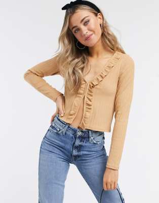 Monki Tonis ruffle front cardigan in beige