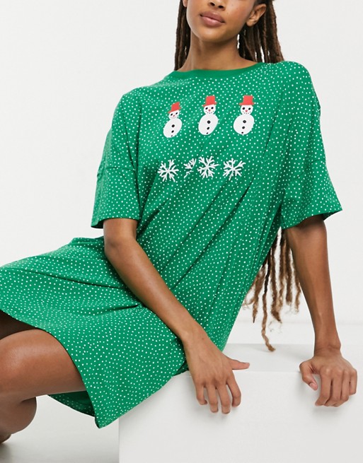 Monki Toonie organic cotton Christmas snowman print pyjama dress in green