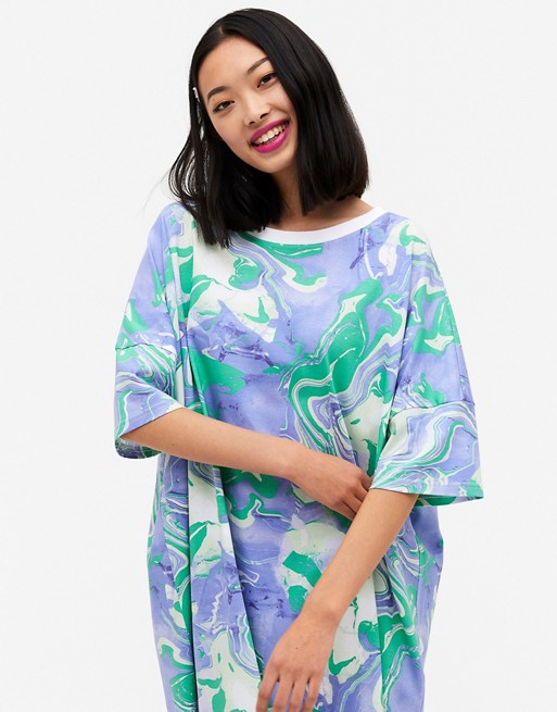 Monki Toonie organic cotton marble print oversized pyjama t-shirt in blue