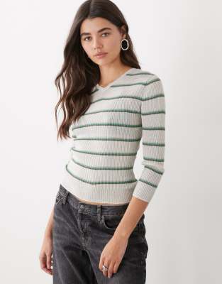 Top à col V en jersey rayé - Vert-Gris L