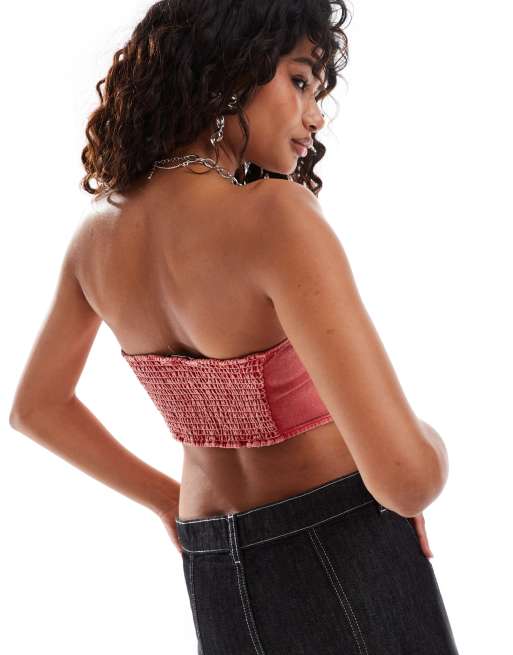 Monki - Top a fascia stile corsetto in denim rosso a forma di cuore con bordi grezzi, 4 di 4