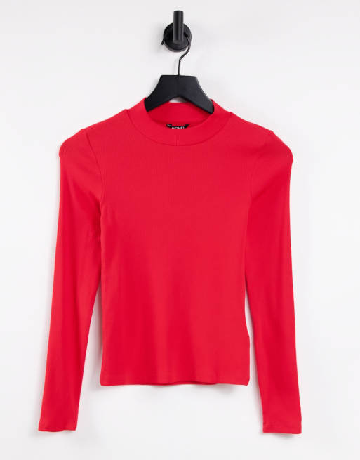 Monki - Top à manches longues en coton - Rouge vif - RED
