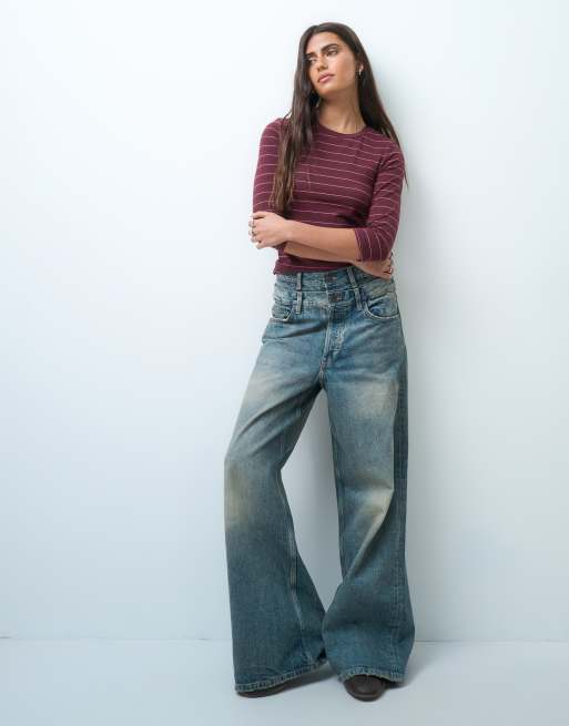 Monki top a maniche 3/4 a righe bordeaux e rosa, 3 di 4