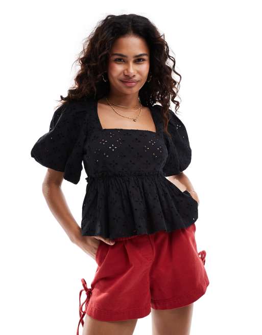 Monki - Top a maniche corte a sbuffo con scollo squadrato nero