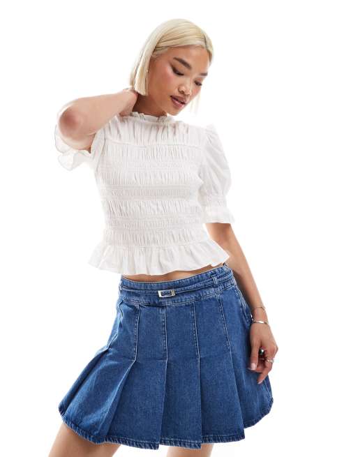 Monki - Top a maniche corte bianco arricciato