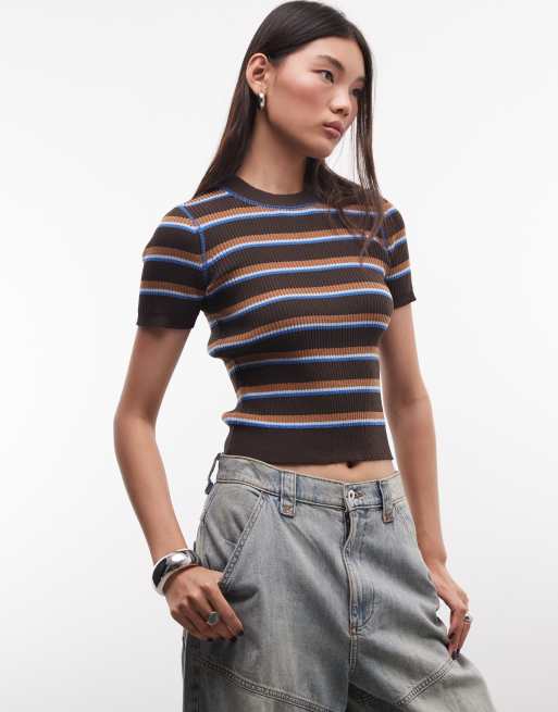 Monki top a maniche corte in maglia a coste compatta marrone scuro e blu, 2 di 4