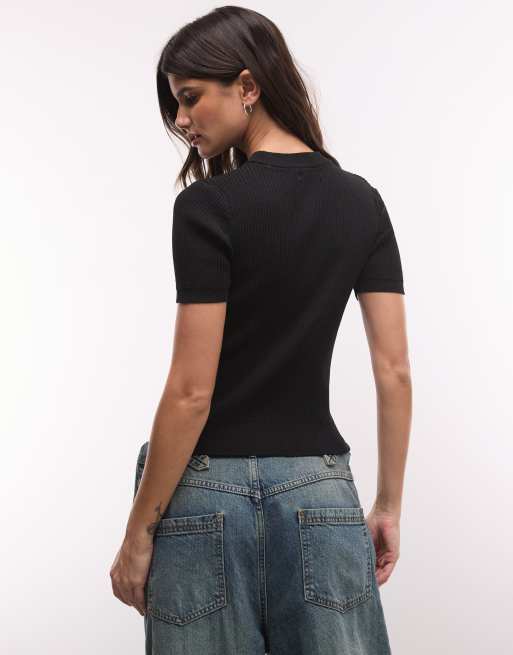 Monki top a maniche corte in maglia a coste compatta nero, 2 di 4
