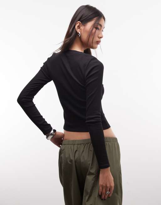 Monki top a maniche lunghe a coste nero, 2 di 4