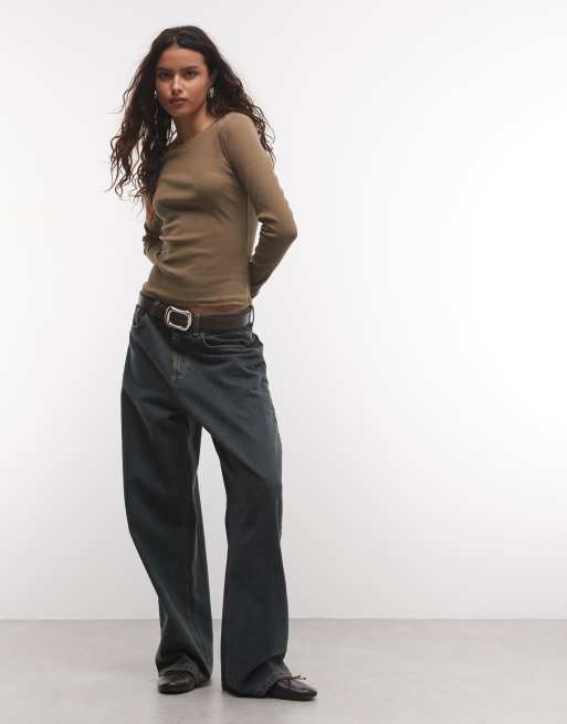 Monki top a maniche lunghe a costine kaki, 3 di 4