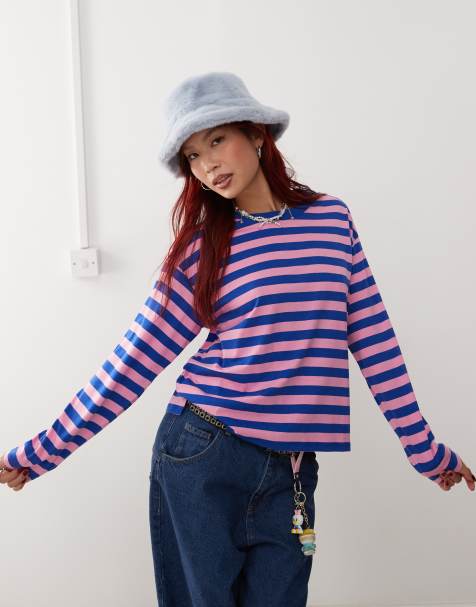 Monki - Top a maniche lunghe a righe blu e rosa - view 1