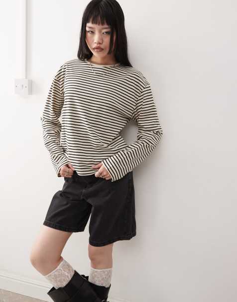 Monki - Top a maniche lunghe a righe nere e beige - view 1