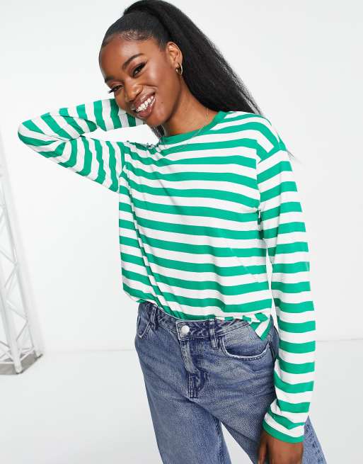 Monki - Top a maniche lunghe a righe verde e bianco