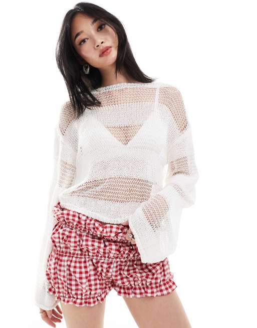 Monki - Top a maniche lunghe ampio in maglia bianco sporco a righe trasparenti