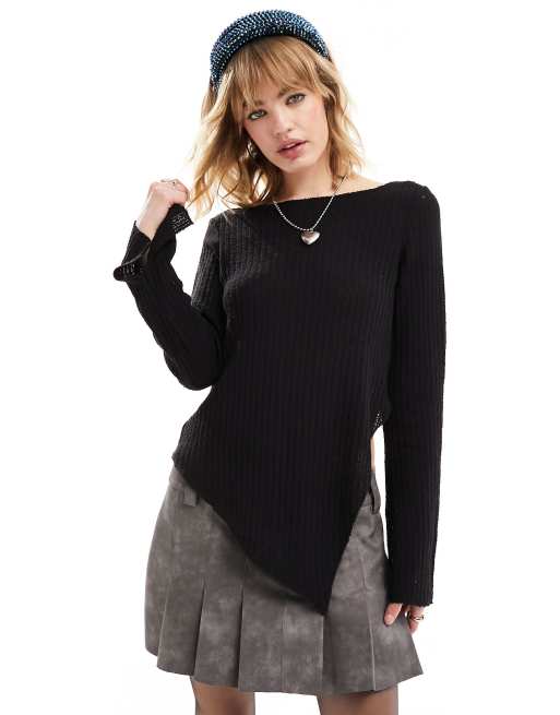 Monki - Top a maniche lunghe asimmetrico nero testurizzato con scollo a barchetta