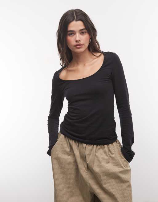 Monki top a maniche lunghe con scollo a barchetta nero, 3 di 4