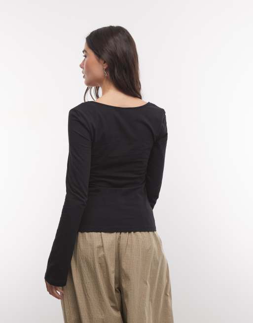 Monki top a maniche lunghe con scollo a barchetta nero, 4 di 4