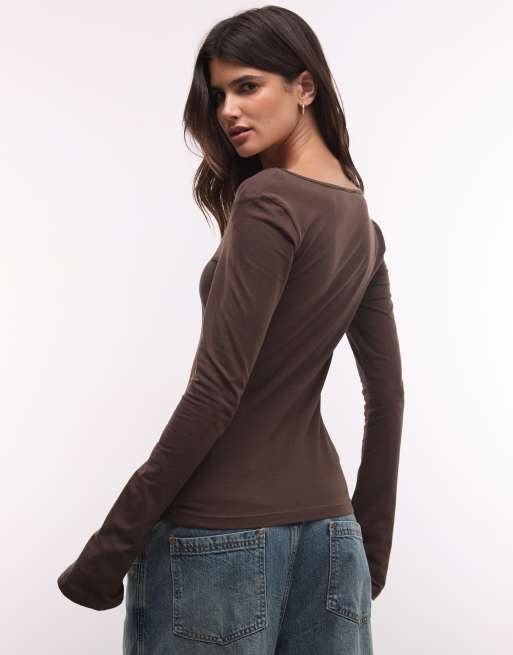Monki top a maniche lunghe con scollo rotondo marrone, 2 di 4