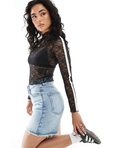 Monki - Top a maniche lunghe in pizzo nero con nastro argento - view 1
