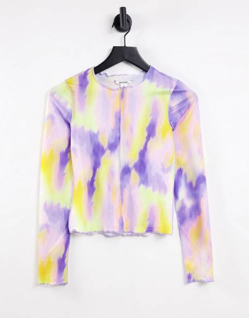 Monki - Top a maniche lunghe in rete lilla con stampa