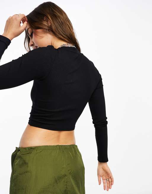 Monki - Top a maniche lunghe nero a coste, 4 di 4