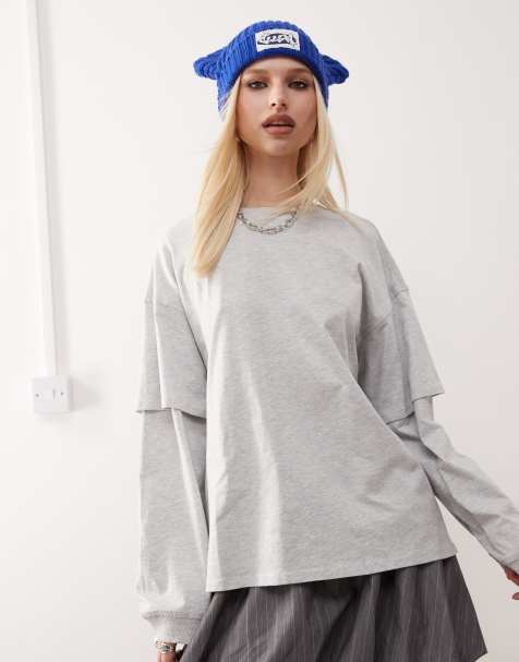Monki - Top a maniche lunghe oversize a strati grigio mélange - view 1