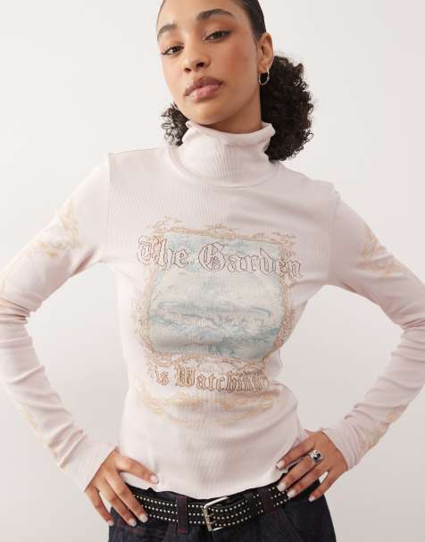 Monki - Top a maniche lunghe rosa con collo alto e stampa grafica - view 1