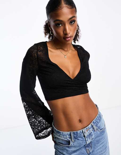 Monki - Top a maniche lunghe scollo a V in pizzo nero