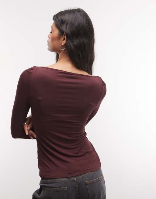 Monki top a maniche lunghe semitrasparente con scollo a barchetta in bordeaux, 3 di 4