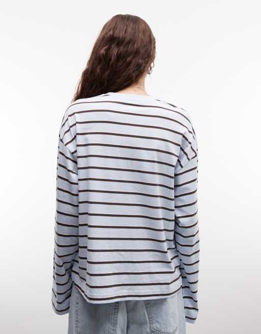 Monki - Top a maniche lunghe squadrato blu a righe, 2 di 4