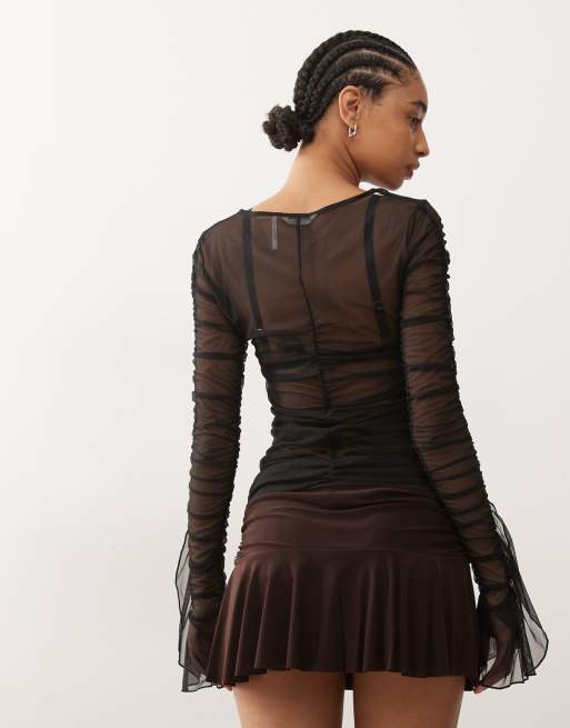 Monki - Top a maniche lunghe trasparente nero con volant, 4 di 4