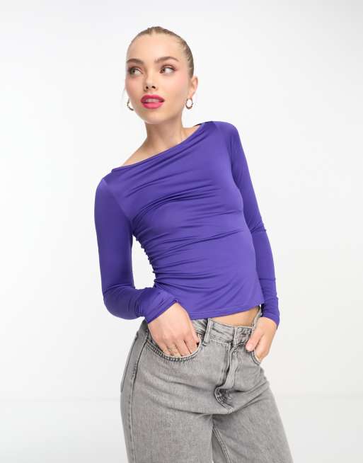 Monki - Top a maniche lunghe viola lilla con scollo a barchetta