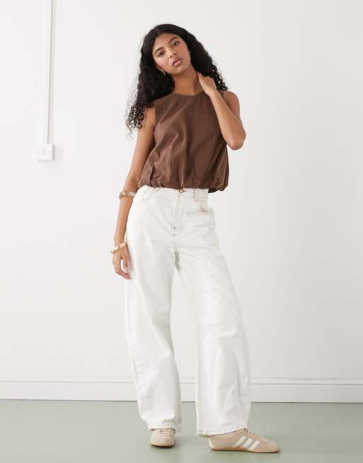 Monki - Top a palloncino in misto lino marrone, 2 di 4