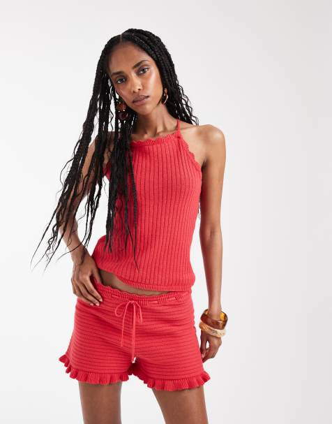 Monki - Top allacciato al collo all'uncinetto rosso in coordinato - view 1