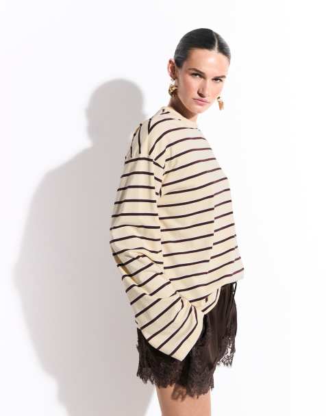 Monki top ample à manches longues jaune et bordeaux - view 1