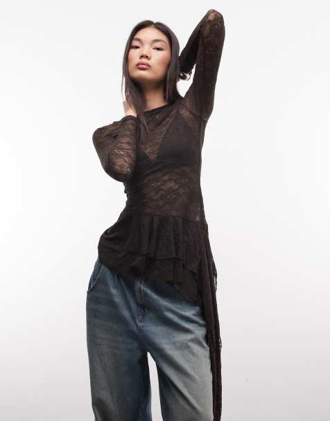 Monki top asimmetrico con volant in pizzo a maniche lunghe marrone scuro - view 1